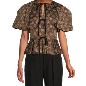 Courtney Grow Delphine Medallion Printed Short Puff Sleeve Crew Tie Front